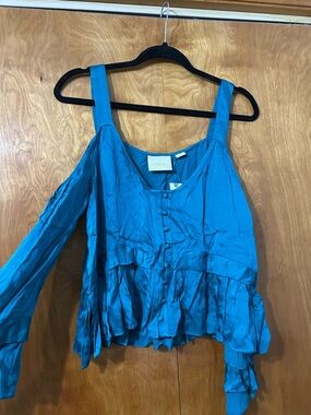 Maeve Teal Blue Ruffle Cold-Shoulder Button-Front Top